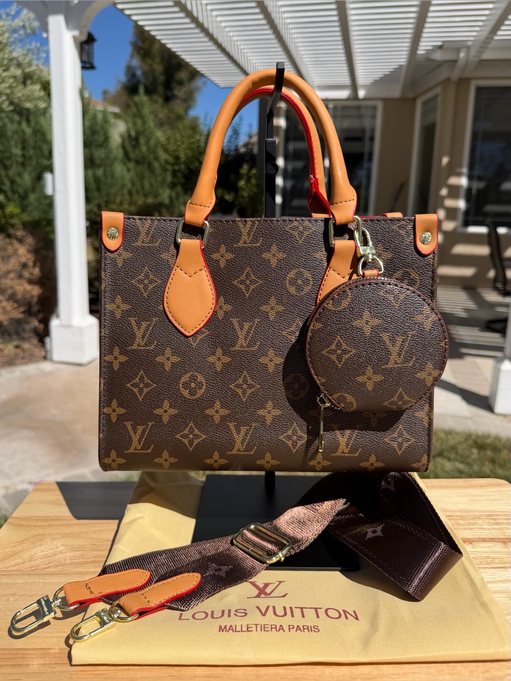 NEW LV Print Classic Brown Monogram OnTheGo Satchel Top Handle Bag & Coin Purse